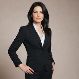 A sophisticated brunette woman with shiny black hair, dressed in a business suit, posed in a confident manner.