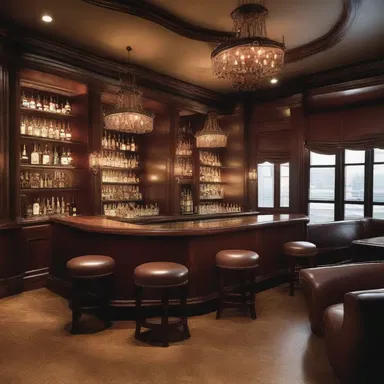 The design of this bar captures an intemperate atmosphere with its dim lighting and rich leather furnishings.