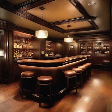 The design of this bar captures an intemperate atmosphere with its dim lighting and rich leather furnishings.