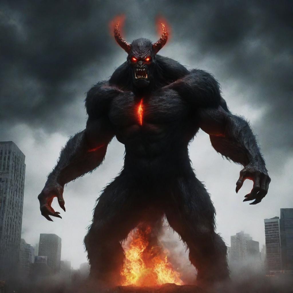 Create an image of a towering black monster with fiery red eyes emitting a menacing aura.