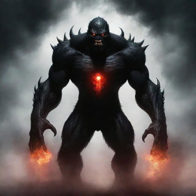 Create an image of a towering black monster with fiery red eyes emitting a menacing aura.