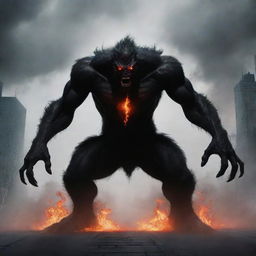 Create an image of a towering black monster with fiery red eyes emitting a menacing aura.