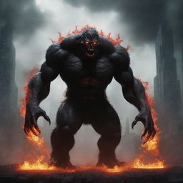 Create an image of a towering black monster with fiery red eyes emitting a menacing aura.