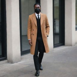 A tall, black man kitted out in a white tucked in shirt, black tie, black jeans, brown Chelsea boots, and a drawn-out black coat. He also wears a black face mask with a black wristwatch subtly peeking out.