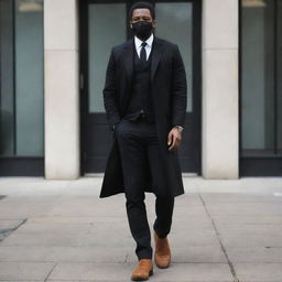 A tall, black man kitted out in a white tucked in shirt, black tie, black jeans, brown Chelsea boots, and a drawn-out black coat. He also wears a black face mask with a black wristwatch subtly peeking out.