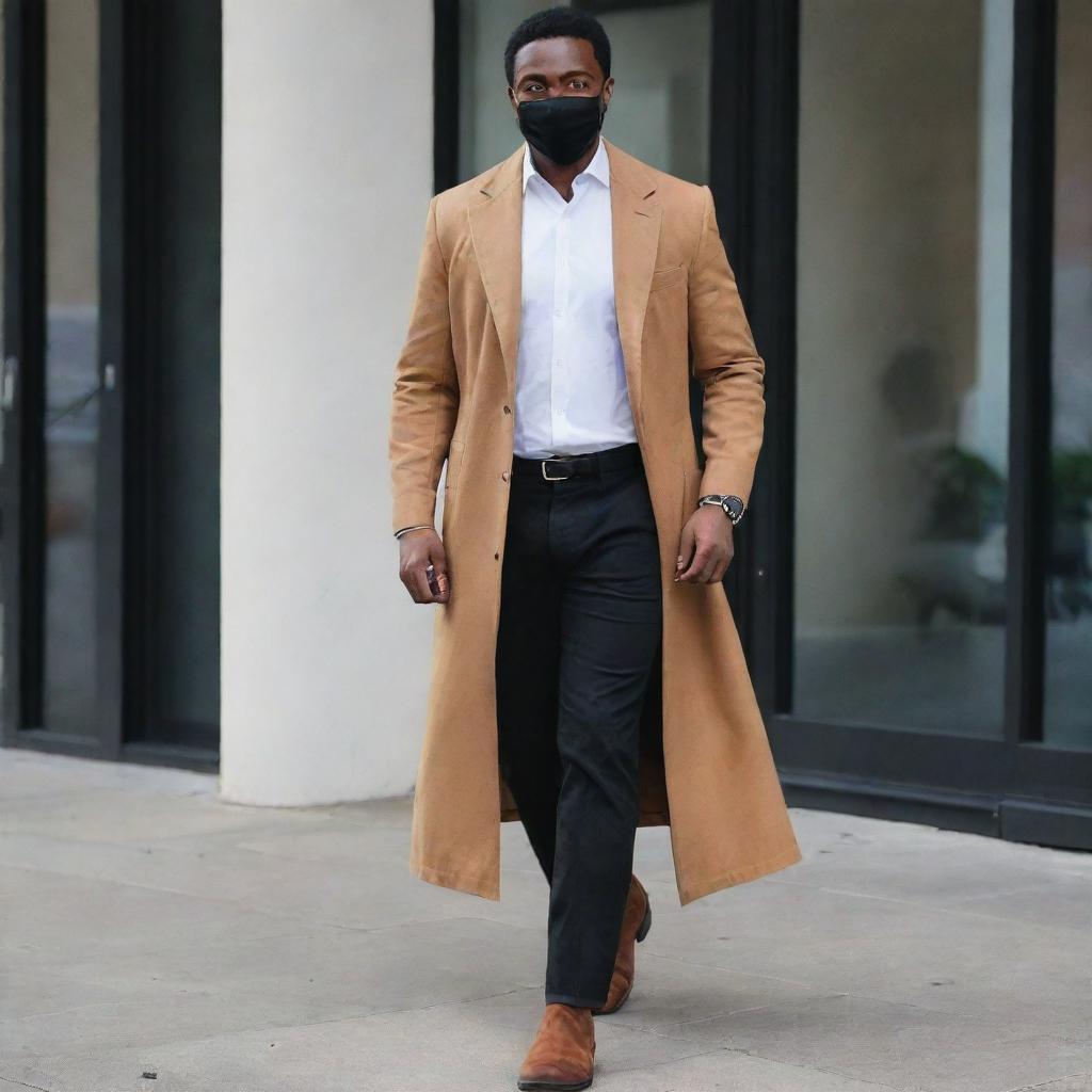 A tall, black man kitted out in a white tucked in shirt, black tie, black jeans, brown Chelsea boots, and a drawn-out black coat. He also wears a black face mask with a black wristwatch subtly peeking out.