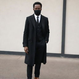 A tall, black man kitted out in a white tucked in shirt, black tie, black jeans, brown Chelsea boots, and a drawn-out black coat. He also wears a black face mask with a black wristwatch subtly peeking out.