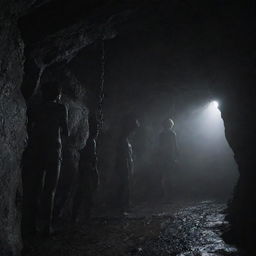 People chained inside a dark, damp cave, faint light filtering through cracks, and they strive to break free