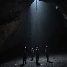 People chained inside a dark, damp cave, faint light filtering through cracks, and they strive to break free