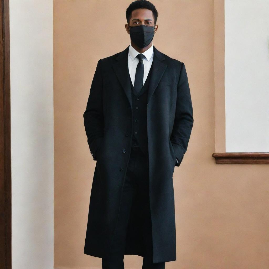 A tall six-foot man dressed in a white shirt tucked into black jeans, a black tie, brown Chelsea boots, and a black long coat. He's also wearing a black face mask and a black wristwatch.