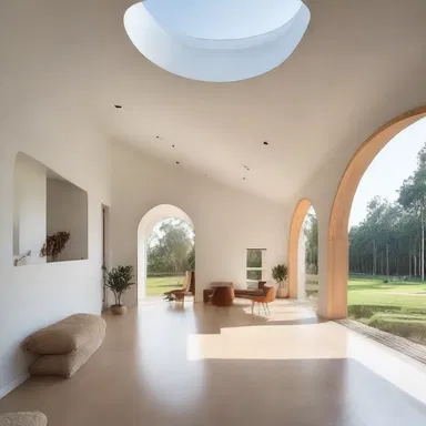 The minimalist house design incorporated spacious rooms with ample natural light, complemented by wide platyrrhine-inspired arches and openings.
