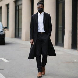 A tall six-foot man dressed in a white shirt tucked into black jeans, a black tie, brown Chelsea boots, and a black long coat. He's also wearing a black face mask and a black wristwatch.