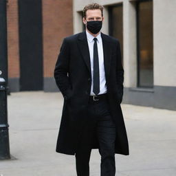 A tall six-foot man dressed in a white shirt tucked into black jeans, a black tie, brown Chelsea boots, and a black long coat. He's also wearing a black face mask and a black wristwatch.