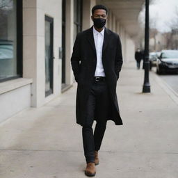 A tall six-foot man dressed in a white shirt tucked into black jeans, a black tie, brown Chelsea boots, and a black long coat. He's also wearing a black face mask and a black wristwatch.