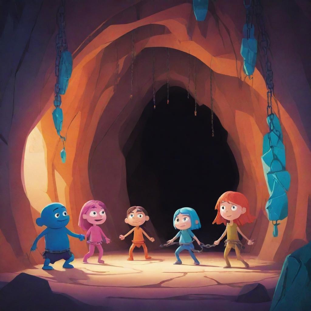 Cartoon-styled characters chained up inside a stylized, vibrant cave, radiating a sense of resilience.