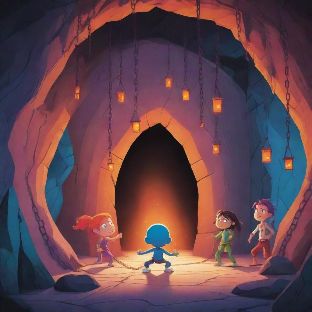 Cartoon-styled characters chained up inside a stylized, vibrant cave, radiating a sense of resilience.