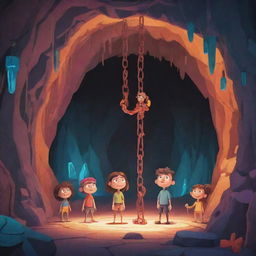 Cartoon-styled characters chained up inside a stylized, vibrant cave, radiating a sense of resilience.