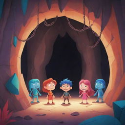 Cartoon-styled characters chained up inside a stylized, vibrant cave, radiating a sense of resilience.