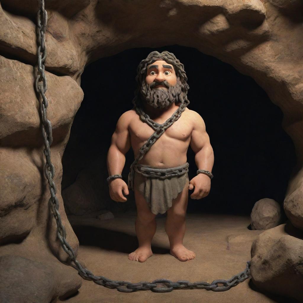 Realistically rendered cartoon-style characters from 380 BC, chained inside an antiquated cave, imbued with historical details.