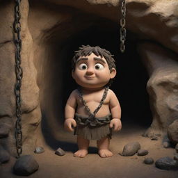 Realistically rendered cartoon-style characters from 380 BC, chained inside an antiquated cave, imbued with historical details.