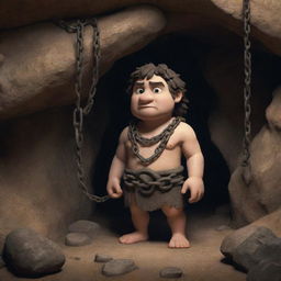 Realistically rendered cartoon-style characters from 380 BC, chained inside an antiquated cave, imbued with historical details.