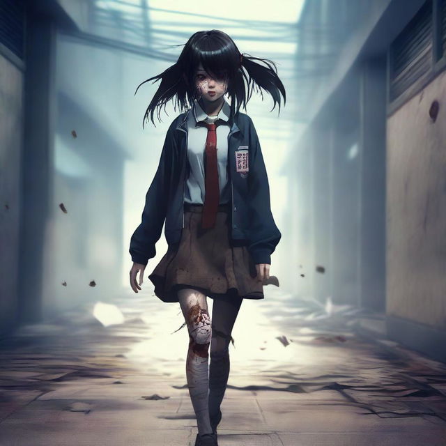 A high-quality digital art image featuring an Asian school girl, depicted in a zombie-like state