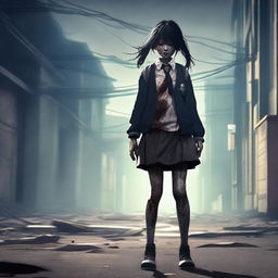 A high-quality digital art image featuring an Asian school girl, depicted in a zombie-like state