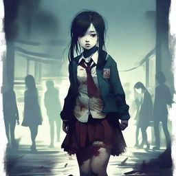 A high-quality digital art image featuring an Asian school girl, depicted in a zombie-like state