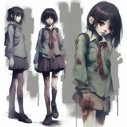 A high-quality digital art image featuring an Asian school girl, depicted in a zombie-like state