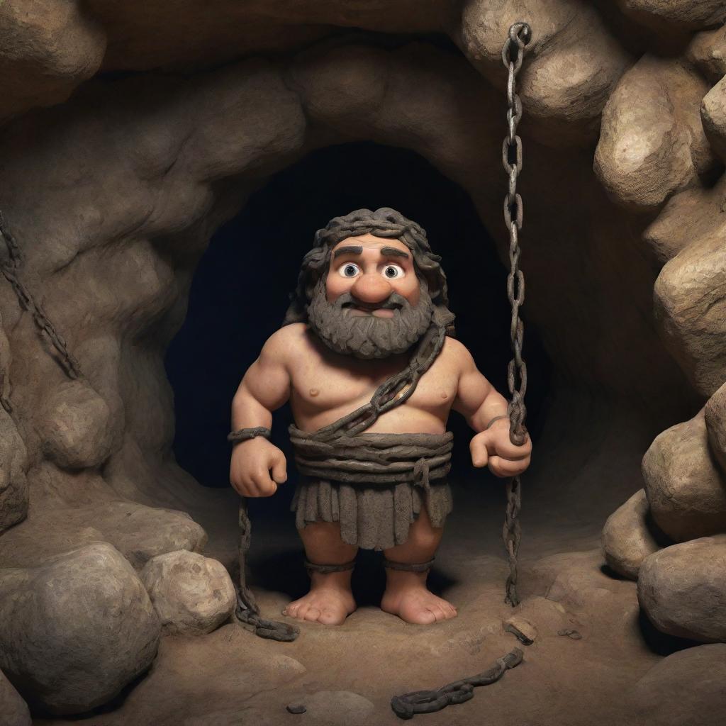 Realistically rendered cartoon-style characters from 380 BC, chained inside an antiquated cave, imbued with historical details.