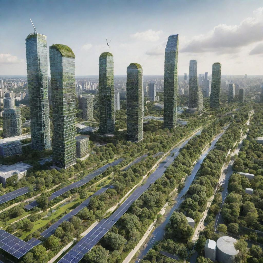 A Greenpunk-style cityscape, embodying sustainability and harmony with nature, with skyscrapers covered in greenery, integrated solar panels, wind turbines, eco-friendly transportation, and an abundance of parks and green spaces