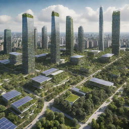 A Greenpunk-style cityscape, embodying sustainability and harmony with nature, with skyscrapers covered in greenery, integrated solar panels, wind turbines, eco-friendly transportation, and an abundance of parks and green spaces