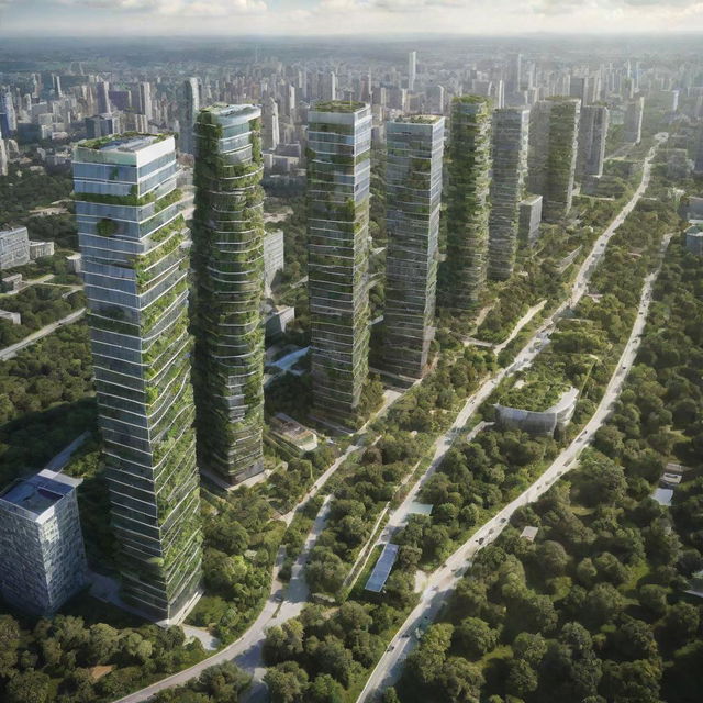 A Greenpunk-style cityscape, embodying sustainability and harmony with nature, with skyscrapers covered in greenery, integrated solar panels, wind turbines, eco-friendly transportation, and an abundance of parks and green spaces