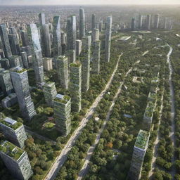 A Greenpunk-style cityscape, embodying sustainability and harmony with nature, with skyscrapers covered in greenery, integrated solar panels, wind turbines, eco-friendly transportation, and an abundance of parks and green spaces