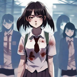 A high-quality digital art image showcasing a teenage Asian school girl in a zombie state