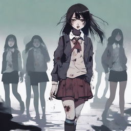 A high-quality digital art image showcasing a teenage Asian school girl in a zombie state