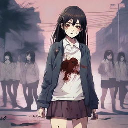 A high-quality digital art image showcasing a teenage Asian school girl in a zombie state