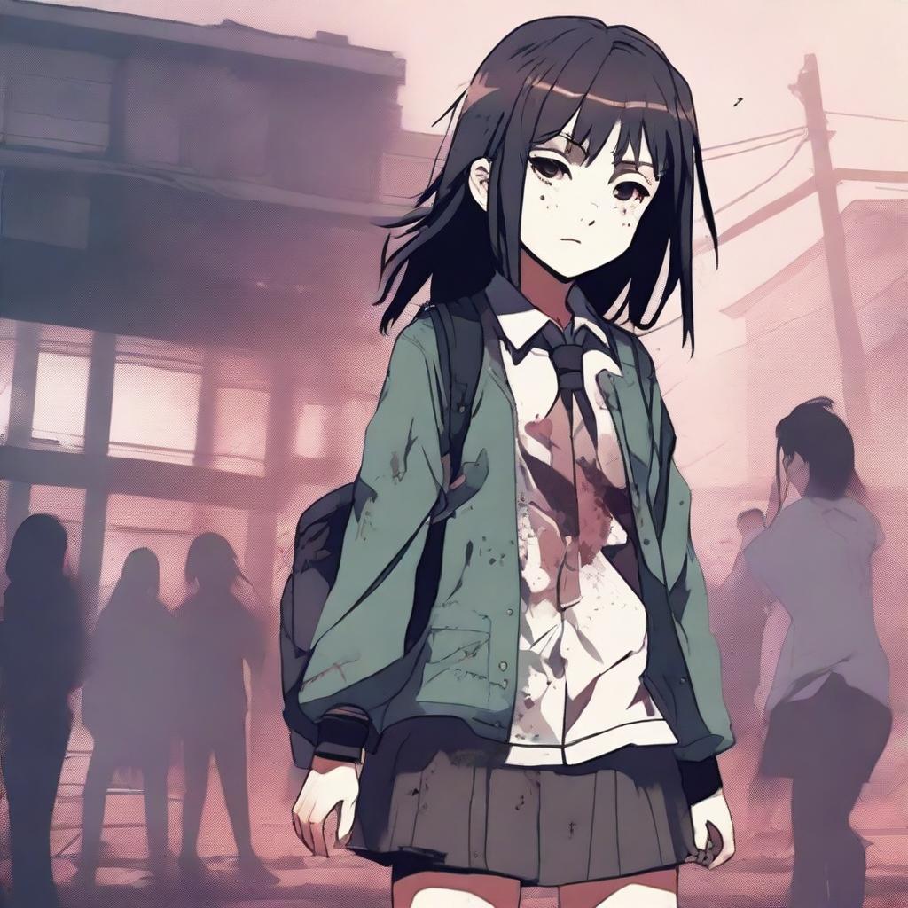 A high-quality digital art image showcasing a teenage Asian school girl in a zombie state