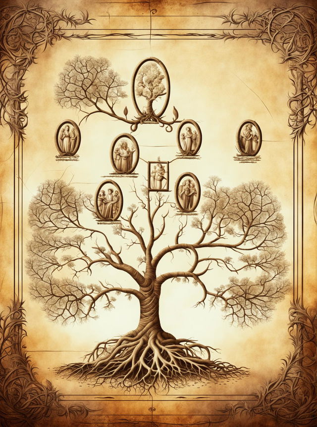 This is a high-quality digital art image of an antique-style family tree, spanning five generations