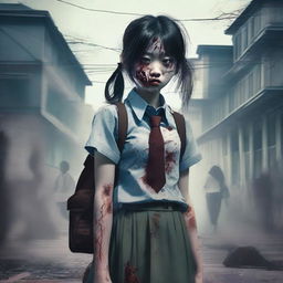 An intricately detailed digital art image portrays a 16-year-old Asian school girl in a zombie state