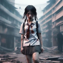 An intricately detailed digital art image portrays a 16-year-old Asian school girl in a zombie state