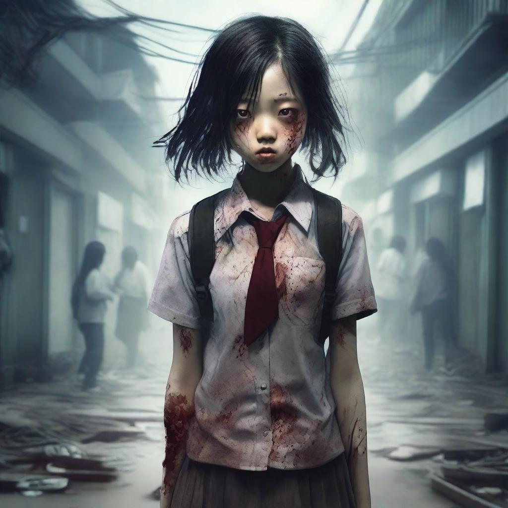 An intricately detailed digital art image portrays a 16-year-old Asian school girl in a zombie state