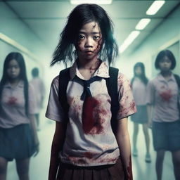 An intricately detailed digital art image portrays a 16-year-old Asian school girl in a zombie state