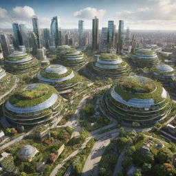 An Ecopunk-style cityscape, showcasing a future city in harmony with the environment, featuring green rooftops, biospheres, recycling facilities, renewable energy sources, and lush vegetation integrated within the urban environment