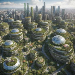 An Ecopunk-style cityscape, showcasing a future city in harmony with the environment, featuring green rooftops, biospheres, recycling facilities, renewable energy sources, and lush vegetation integrated within the urban environment