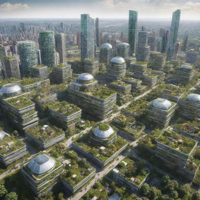 An Ecopunk-style cityscape, showcasing a future city in harmony with the environment, featuring green rooftops, biospheres, recycling facilities, renewable energy sources, and lush vegetation integrated within the urban environment