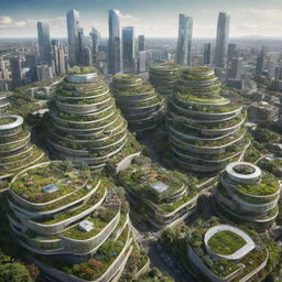 An Ecopunk-style cityscape, showcasing a future city in harmony with the environment, featuring green rooftops, biospheres, recycling facilities, renewable energy sources, and lush vegetation integrated within the urban environment