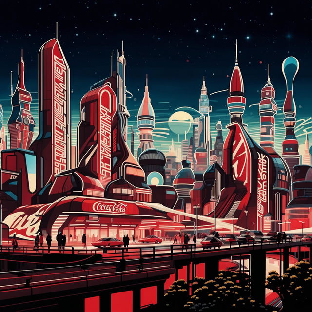 Futuristic cityscape with Coca-Cola inspired architecture featuring towering buildings in red and white, neon signs, hovering vehicles, and people on elevated walkways against a star-studded indigo sky.