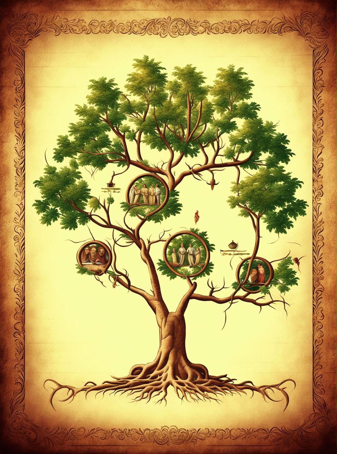 An ornate antique-style digital art family tree template, featuring a large tree on a parchment background