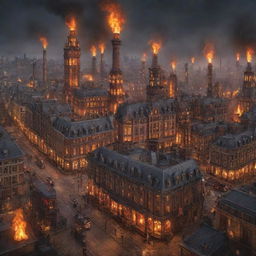 A Firepunk-style cityscape, fueled and illuminated by fire technologies, featuring victorian-style buildings with flaming chimneys, streets lit with torch holders, and fire-engines bustling across